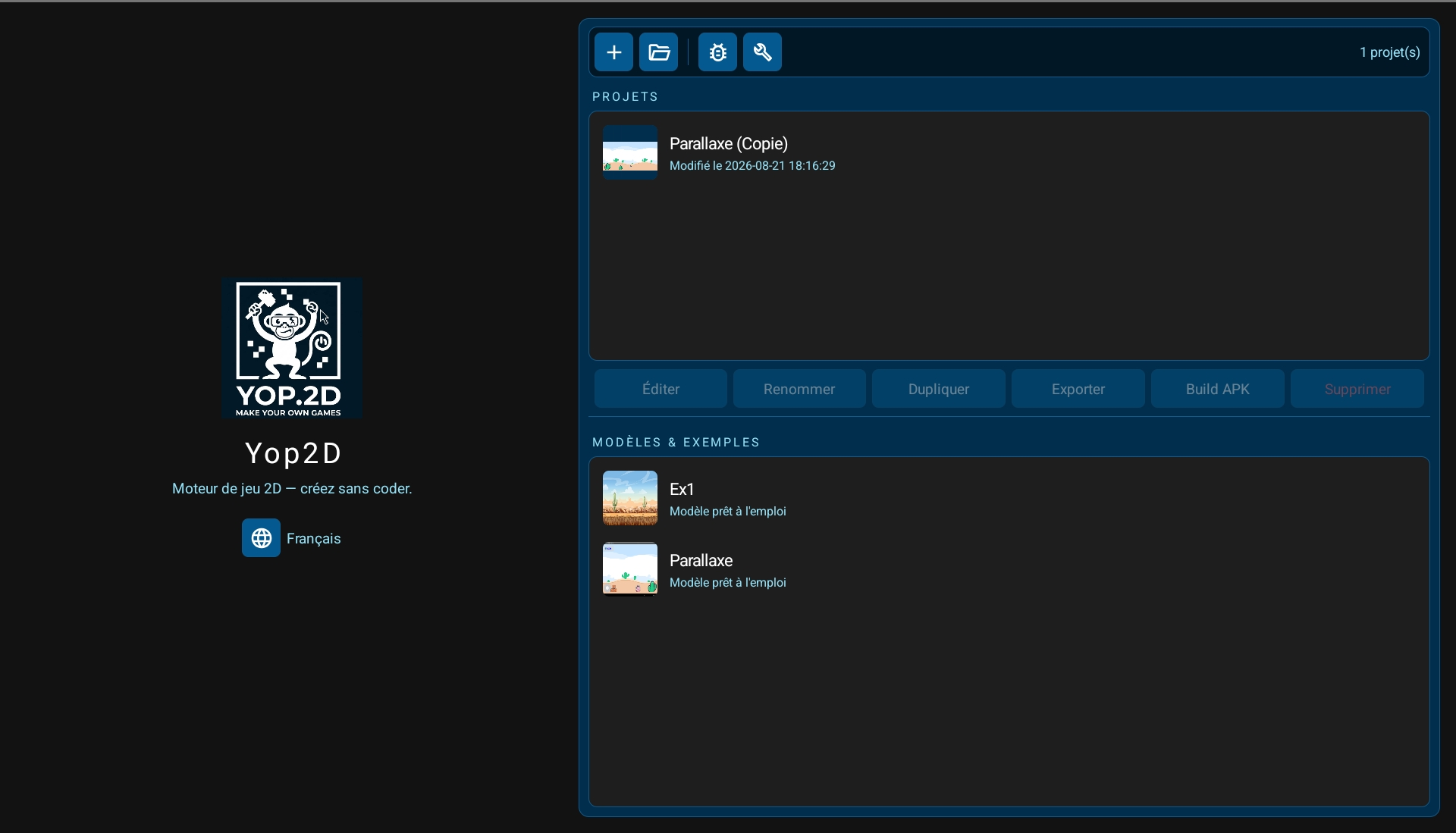 Yop2D startup and project management screen