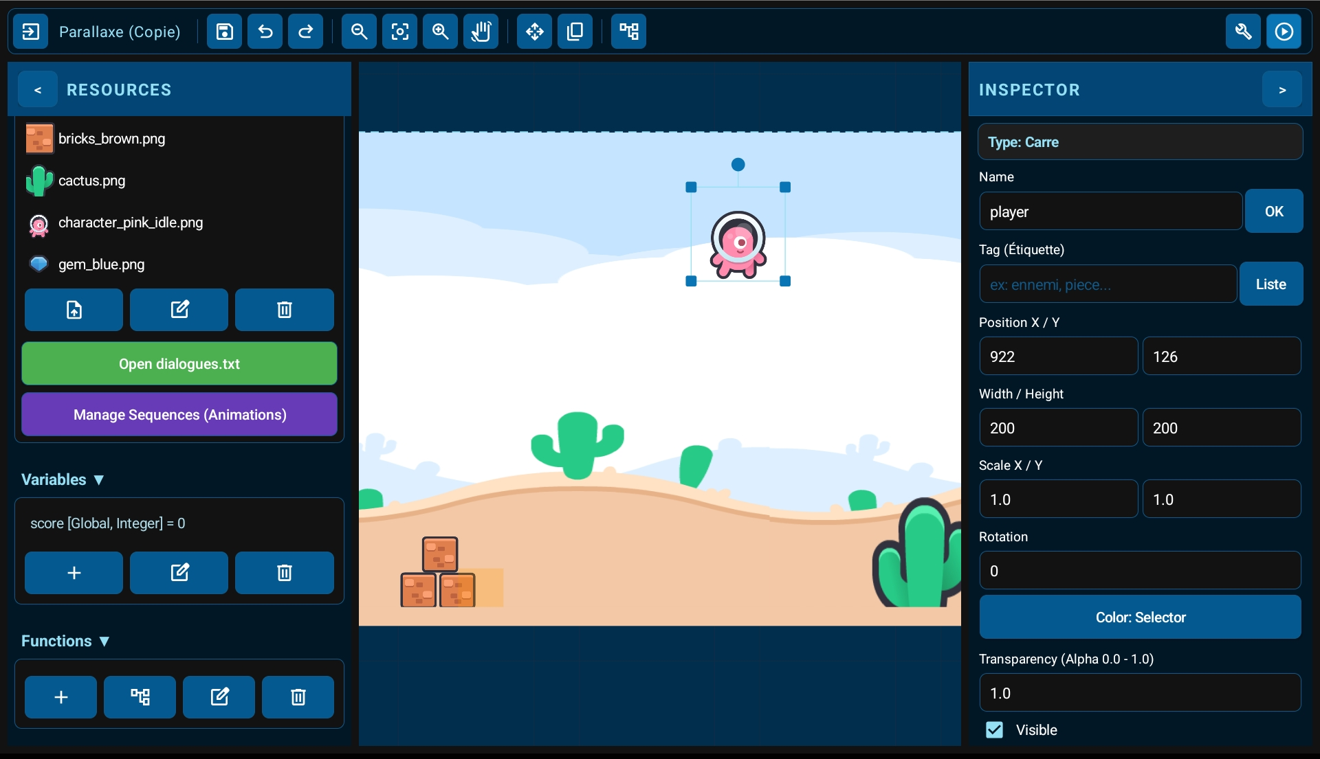 Yop2D game editor interface